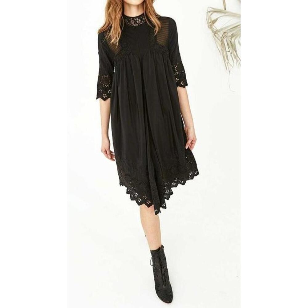 Ulla Johnson Ruby Solid Black Silk Eyelet Lace Knee-Length Dress‎ Size 2